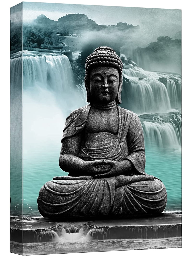 wall26 Canvas Print Wall Art Zen Buddha Statue Waterfall Landscape