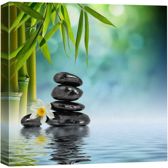 wall26 Canvas Print Wall Art Zen Stone Stack with White Lily & Bamboo Floral Nature Digital Art Modern Art Rustic Scenic Relax/Calm Colorful for Living Room, Bedroom, Office - 24"x24"