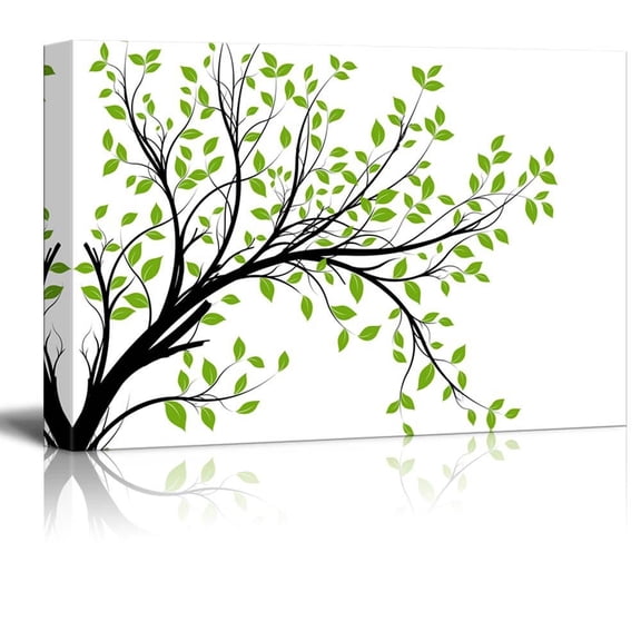 wall26 Canvas Prints - Abstract Decorative Tree Branch and Green Leaves in Clean and Simple Style -16" x 24"