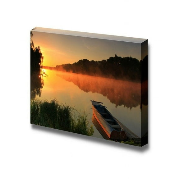 wall26 - Canvas Prints Wall Art - Boat on The Shore of a Misty Lake on a Summer Morning | Modern Wall Decor/Home Decoration Stretched Gallery Canvas Wrap Giclee Print. Ready to Hang - 32" x 48&q