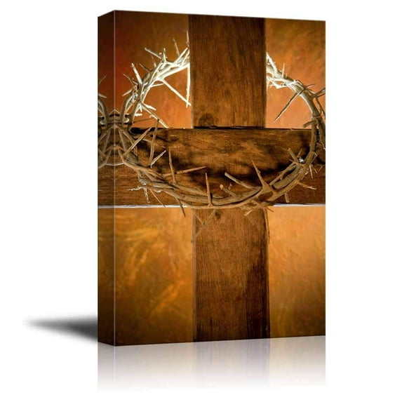 wall26 - Canvas Prints Wall Art - Crown of Thorns Hanging on a Wooden Cross at Easter | Modern Wall Decor/Home Decoration Stretched Gallery Canvas Wrap Giclee Print. Ready to Hang - 16" x 24&quo