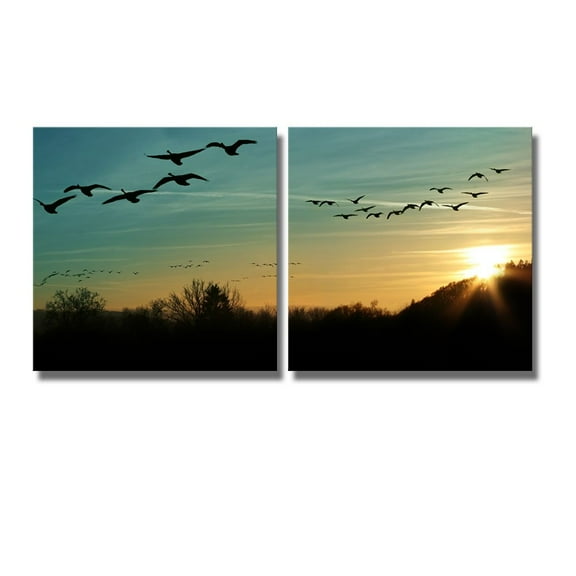 wall26 - Canvas Prints Wall Art - Flock of Migrating Canada Geese Flying at Sunset in a V Formation | Modern Wall Art Stretched Gallery Canvas Wrap Giclee Print. Ready to Hang - 12" x 12" x