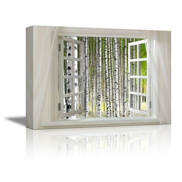 wall26 - Canvas Prints Wall Art - Glimpse into Birch Trees Forest out of Open Window | Modern Wall Decor/Home Decoration Stretched Gallery Canvas Wrap Giclee Print &amp; Ready to Hang - 24&quot; x 36