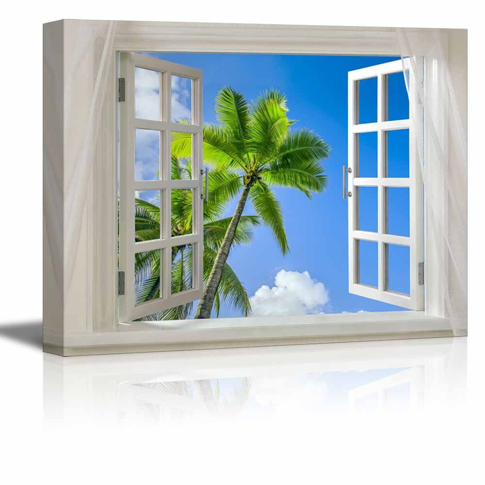 wall26 - Canvas Prints Wall Art - Glimpse into Blue Sky with Palm Trees ...