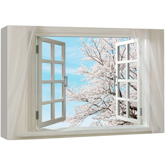 wall26 - Canvas Prints Wall Art - Glimpse into Cherry Blossom in Spring out of Open Window | Modern Wall Decor/Home Decoration Stretched Gallery Canvas Wrap Giclee Print & Ready to Hang - 24"