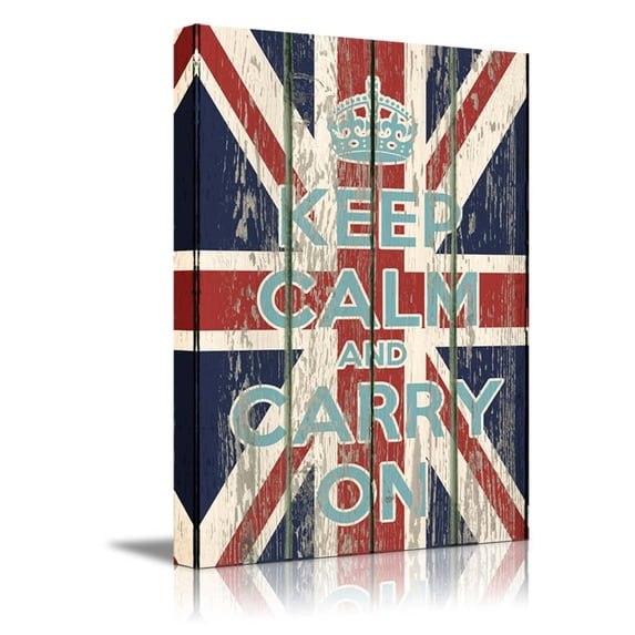 wall26 - Canvas Prints Wall Art - Keep Calm and Carry On Quote on Vintage Wood Board Style UK Flag - 36" x 24"