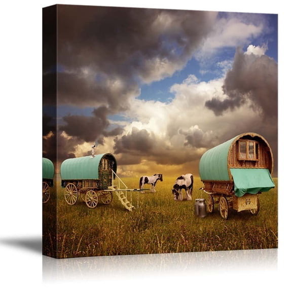 wall26 - Canvas Prints Wall Art - Old Gypsy Caravans, Trailers, Wagons with Horses | Modern Wall Decor/Home Decoration Stretched Gallery Canvas Wrap Giclee Print. Ready to Hang - 16" x 16"