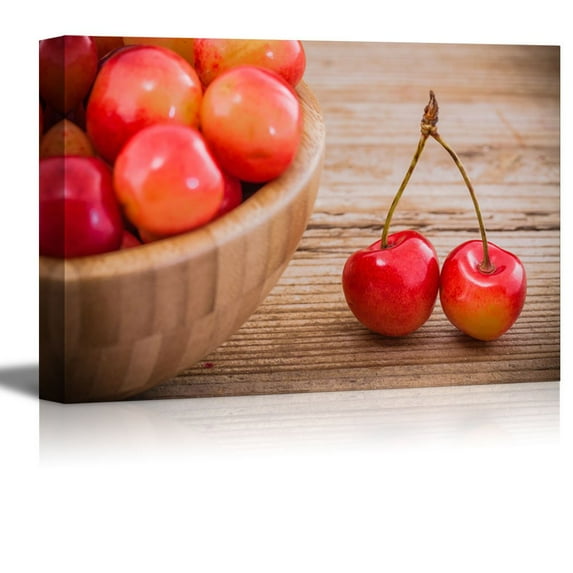 wall26 - Canvas Prints Wall Art - Organic Rainier Cherries in a Bowl on Old Wooden Background | Modern Wall Decor/Home Decoration Stretched Gallery Canvas Wrap Giclee Print. Ready to Hang - 12"