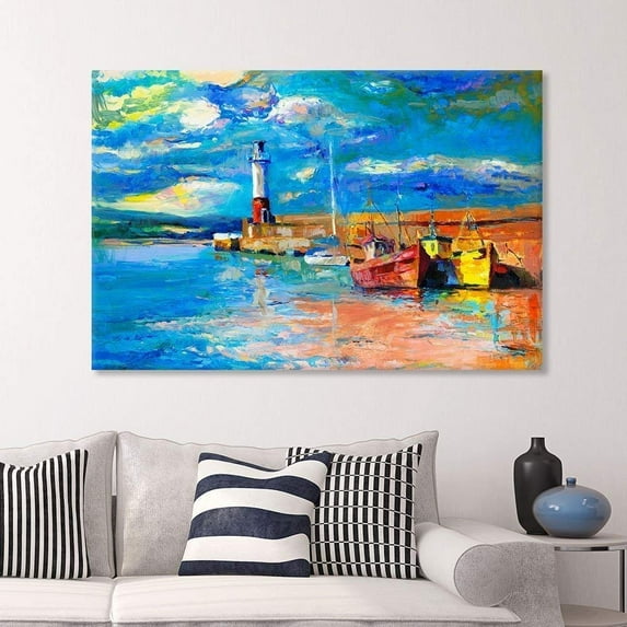 wall26 Canvas Prints Wall Art - Original Oil Painting Lighthouse Boats on Canvas.Rich Golden Sunset Over Ocean - 32" x 48"
