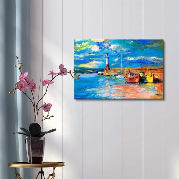 wall26 Canvas Prints Wall Art - Original Oil Painting of Lighthouse and Boats on Canvas.Rich Golden Sunset over Ocean - 12" x 18"