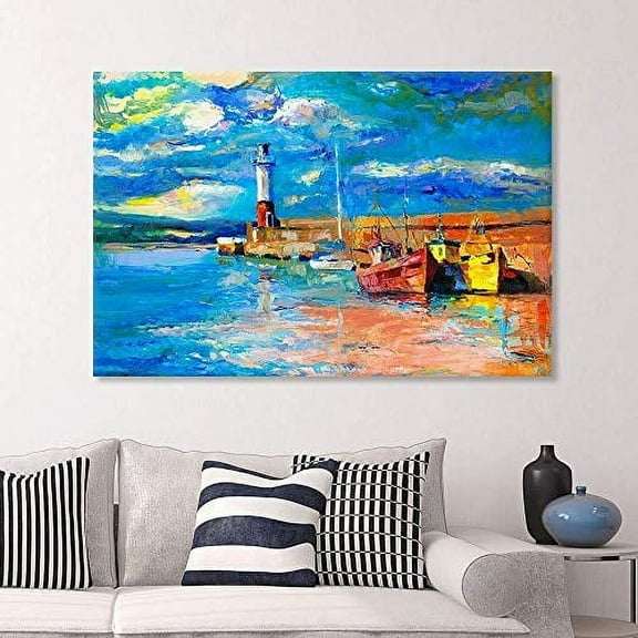 wall26 Canvas Prints Wall Art - Original Oil Painting of Lighthouse and Boats on Canvas.Rich Golden Sunset over Ocean 24" x 36"
