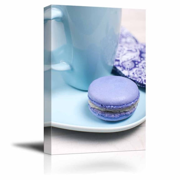 wall26 - Canvas Prints Wall Art - Purple French Macaron Cookie with Blue Cup | Modern Wall Decor/Home Decoration Stretched Gallery Canvas Wrap Giclee Print. Ready to Hang - 12" x 18"