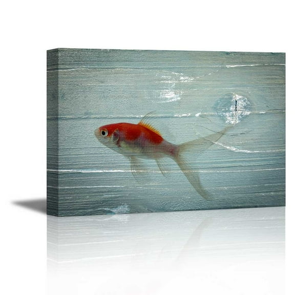 wall26 - Canvas Prints Wall Art - Red Golden Fish on Vintage Wood Background Rustic Home Decoration - 16" x 24"