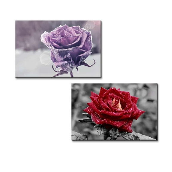 wall26 Canvas Prints Wall Art - Red Rose with Dew in Autumn and Purple Frozen Rose in Winter - 16"x24" x 2 Panels