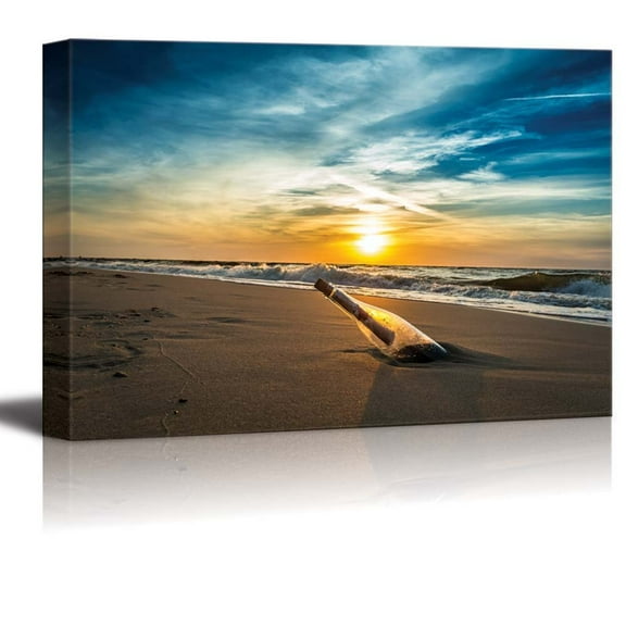wall26 - Canvas Prints Wall Art - Romantic Message in a Bottle Washed Shore The Beach Sunset | Modern Wall Decor/Home Decoration Stretched Gallery Canvas Wrap Giclee Print. Ready to Hang - 12" x