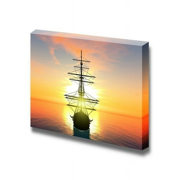 wall26 - Canvas Prints Wall Art - Sailing Boat/Tall Ship on The Ocean at Sunset | Modern Wall Decor/Home Decoration Stretched Gallery Canvas Wrap Giclee Print. Ready to Hang - 24&quot; x 36&quot;