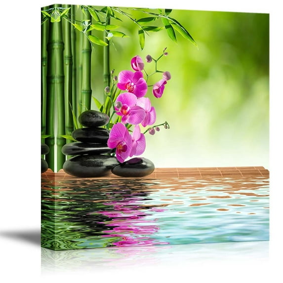 wall26 - Canvas Prints Wall Art - Stacked Lava Stones with Bamboo and Water | Modern Wall Decor/Home Decoration Stretched Gallery Canvas Wrap Giclee Print. Ready to Hang - 16" x 16"