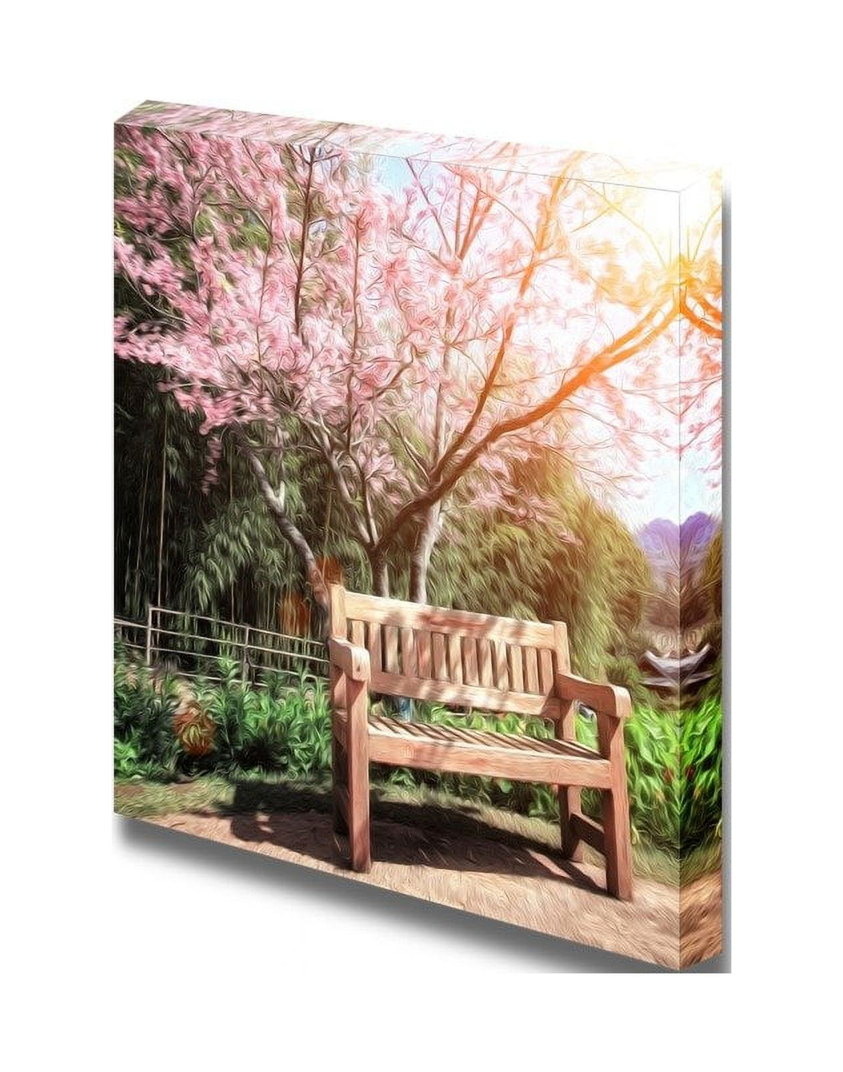 wall26 Canvas Prints Wall Art Tranquil Garden Bench Under Cherry Blossom Tree Oil Paint