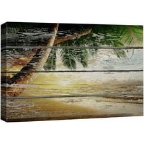 wall26 - Canvas Prints Wall Art - Tropical Beach with Palm Tree on Vintage Wood Background - 12" x 18"