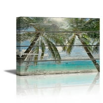 wall26 Canvas Prints Wall Art - Tropical Beach with Palm Trees on Vintage Wood Background Rustic Home Decoration - 24" x 36"