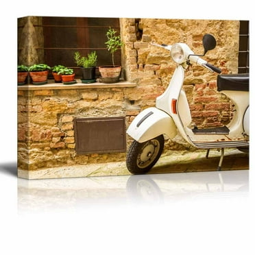 wall26 - Canvas Prints Wall Art - Vintage Scene with Vespa on Old Street | Modern Wall Decor/Home Decoration Stretched Gallery Canvas Wrap Giclee Print. Ready to Hang - 24&quot; x 36&quot;