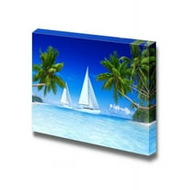 wall26 - Canvas Prints Wall Art - White Sail Boats and Palm Trees in a Tropical Beach | Modern Wall Decor/Home Decoration Stretched Gallery Canvas Wrap Giclee Print. Ready to Hang - 16" x 24&quo