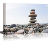 wall26 - Canvas Prints Wall Art - Zen Stones Balance, Pebbles Stack Over Blue Sea | Modern Wall Decor/Home Decoration Stretched Gallery Canvas Wrap Giclee Print. Ready to Hang - 32" x 48"