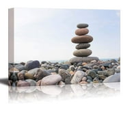 wall26 - Canvas Prints Wall Art - Zen Stones Balance, Pebbles Stack Over Blue Sea | Modern Wall Decor/Home Decoration Stretched Gallery Canvas Wrap Giclee Print. Ready to Hang - 24" x 36"