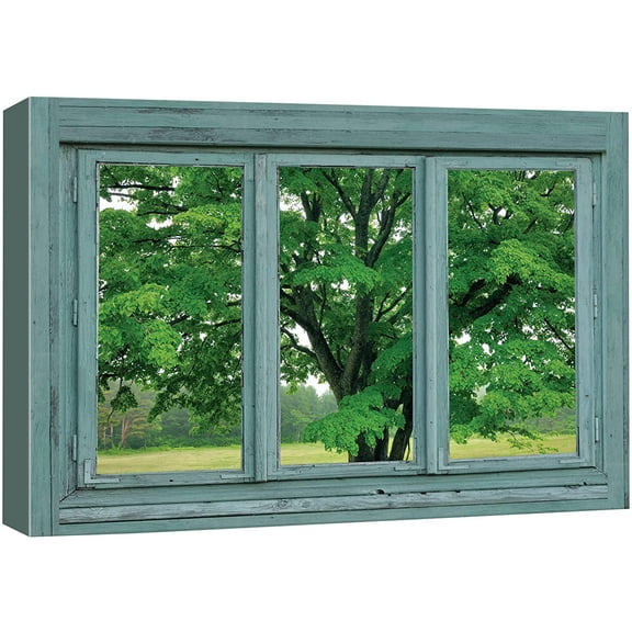 wall26 - Canvas Wall Art - 3 Frame Window Looking at a Green Tree in a Field - Giclee Print Gallery Wrap Modern Home Art Ready to Hang - 12"x18"