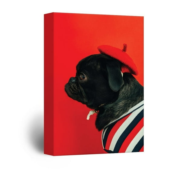 wall26 Canvas Wall Art - A Black Pug Dog on Red Background - Giclee Print Gallery Wrap Modern Home Art Ready to Hang - 24x36 inches