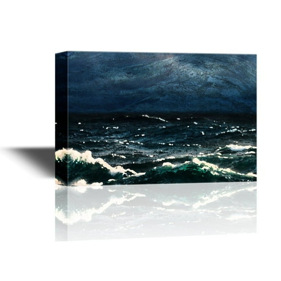 wall26 - Canvas Wall Art - Abstract Seascape at Night with The Moon Behind The Clouds - Gallery Wrap Modern Home Art | Ready to Hang - 12x18 inches