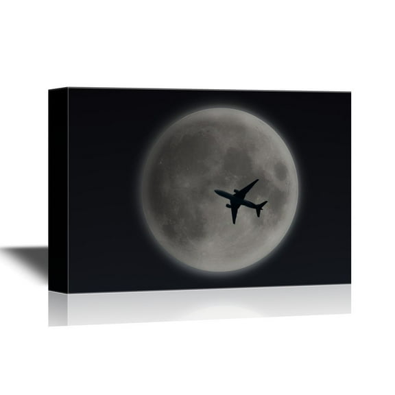 wall26 - Canvas Wall Art - Airplane Playing in The Night Sky Under The Moon - Gallery Wrap Modern Home Art | Ready to Hang - 12x18 inches