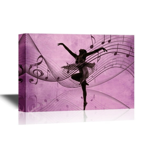 wall26 - Canvas Wall Art - Ballet Dancer on Purple Background with Music Notes - Gallery Wrap Modern Home Art | Ready to Hang - 12x18 inches