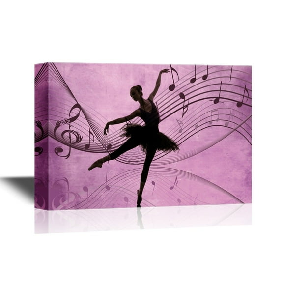 wall26 - Canvas Wall Art - Ballet Dancer on Purple Background with Music Notes - Gallery Wrap Modern Home Art | Ready to Hang - 24x36 inches