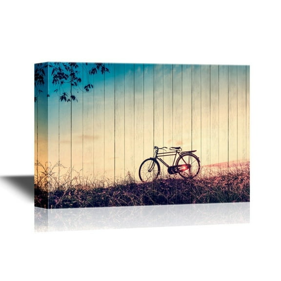 wall26 - Canvas Wall Art - Beautiful Landscape Image with Silhouette Bicycle at Sunset in Vintage Tone Style - Gallery Wrap Modern Home Art | Ready to Hang - 12x18 inches