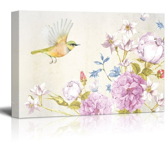 wall26 Canvas Wall Art - Bird Flying to Flowers - Giclee Print Gallery Wrap Modern Home Art Ready to Hang - 24x36 inches