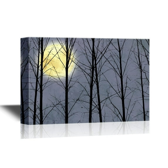 wall26 - Canvas Wall Art - Bright Full Moon Viewed Through Black Tree Branches - Gallery Wrap Modern Home Art | Ready to Hang - 12x18 inches