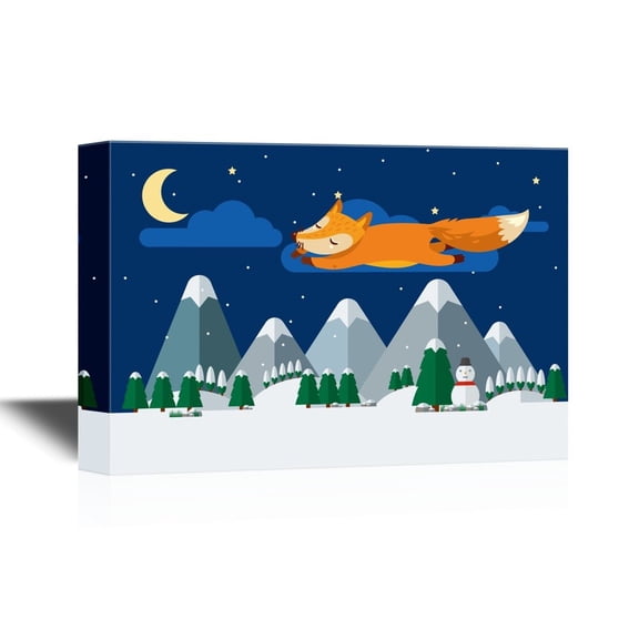 wall26 - Canvas Wall Art - Cartoon Fox Flying Above The Mountains and Forest at Night - Gallery Wrap Modern Home Art | Ready to Hang - 16x24 inches