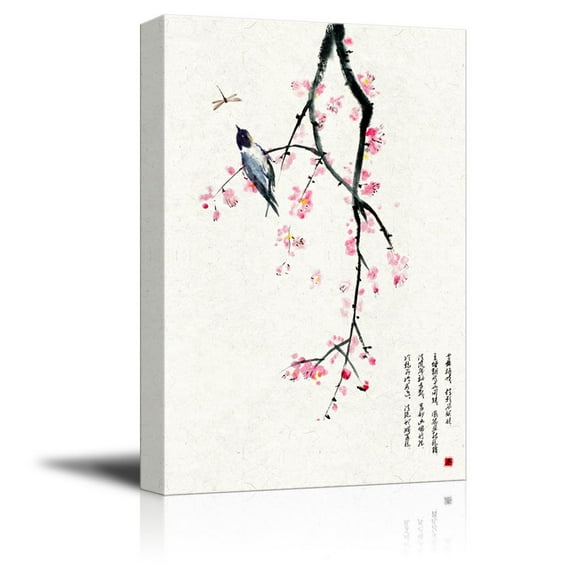 wall26 Canvas Wall Art - Chinese Ink Painting Style Red Blooming Flowers and Bird - Giclee Print Gallery Wrap Modern Home Art Ready to Hang - 32x48 inches
