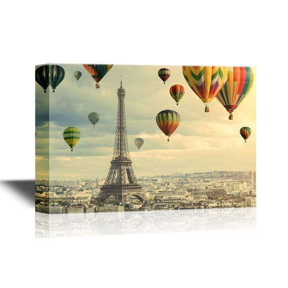 wall26 - Canvas Wall Art - Colorful Hot Balloons Flying Above The Eiffel Tower in Paris - Gallery Wrap Modern Home Art | Ready to Hang - 12x18 inches