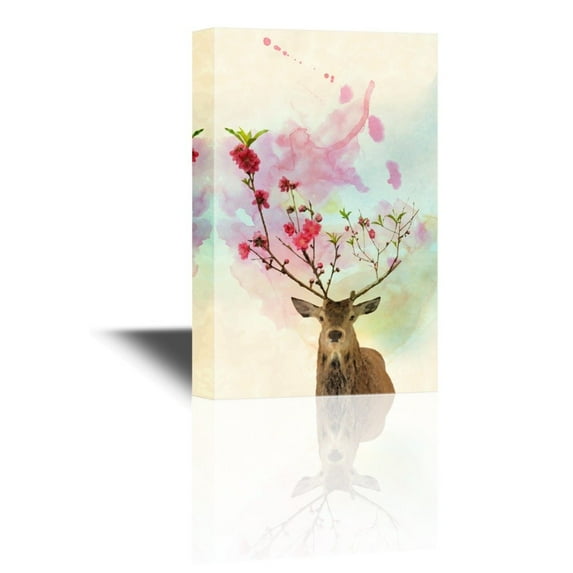 wall26 - Canvas Wall Art - Deer with Flowers in Antlers - Gallery Wrap Modern Home Art | Ready to Hang - 32x48 inches