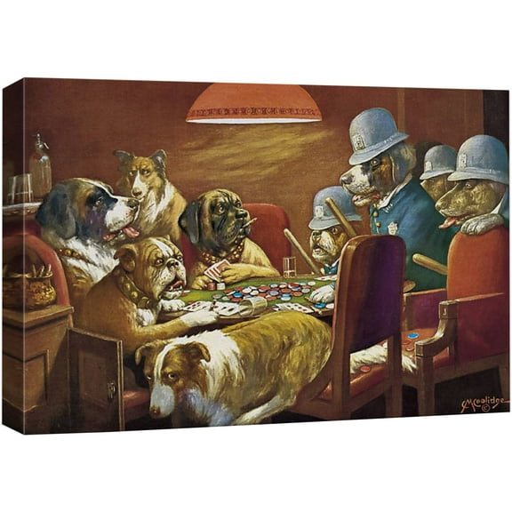 wall26 Canvas Wall Art - Dogs Playing Poker Series - Pinched with Four Aces (Four Policemen) by by C.M Coolidge - Giclee Print Gallery Wrap Modern Home Art Ready to Hang - 12x18 inches