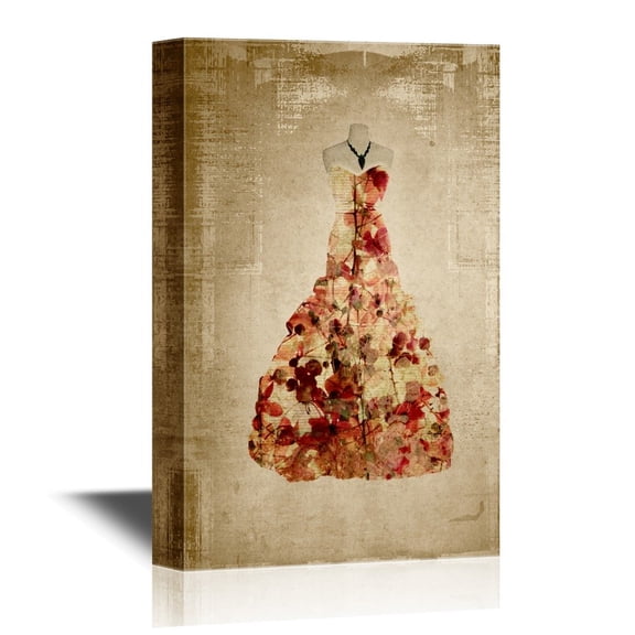 wall26 - Canvas Wall Art - Double Exposure Wedding Dress with Flowers on Vintage Background - Gallery Wrap Modern Home Art | Ready to Hang - 24x36 inches