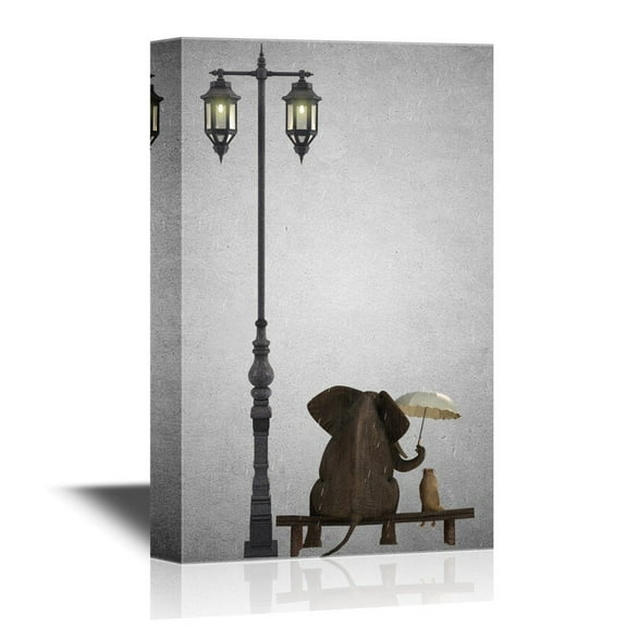 wall26 Canvas Wall Art Elephant Holding an Umbrella Sitting with a Dog by a Lamp Post Ready to Hang - 24x36 inches
