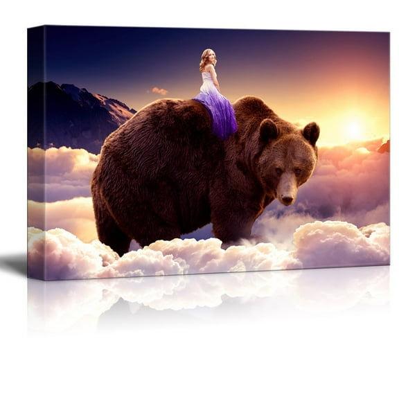 wall26 - Canvas Wall Art - Fantasy Series - Girl Riding on The Back of a Bear with Clouds - Giclee Print Gallery Wrap Modern Home Art Ready to Hang - 24x36 inches