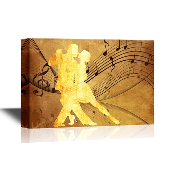 wall26 - Canvas Wall Art - Golden Silhouette of Two Romantic Dancers on Vintage Background with Music Notes - Gallery Wrap Modern Home Art | Ready to Hang - 12x18 inches