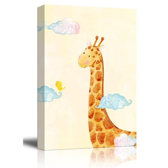 wall26 - Canvas Wall Art - Hand Drawn Giraffe and Bird Above The Clouds - Giclee Print Kid's Room/Nursery Art Ready to Hang - 32x48 inches