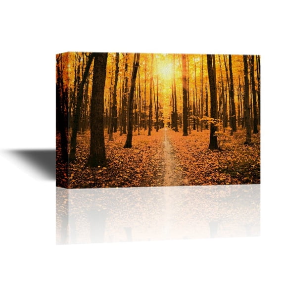 wall26 - Canvas Wall Art - Landscape with Path in Yellow Forest in Autumn at Sunset - Gallery Wrap Modern Home Art | Ready to Hang - 16x24 inches