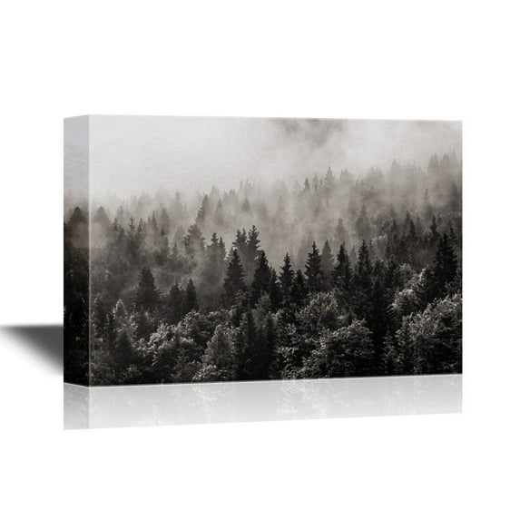 wall26 Canvas Wall Art - Misty Forest in Black and White - Gallery Wrap Modern Home Art | Ready to Hang - 24x36 inches