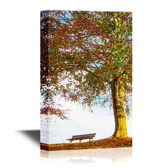 wall26 - Canvas Wall Art - Oak Tree with Bench in Autumn - Gallery Wrap Modern Home Art | Ready to Hang - 16x24 inches